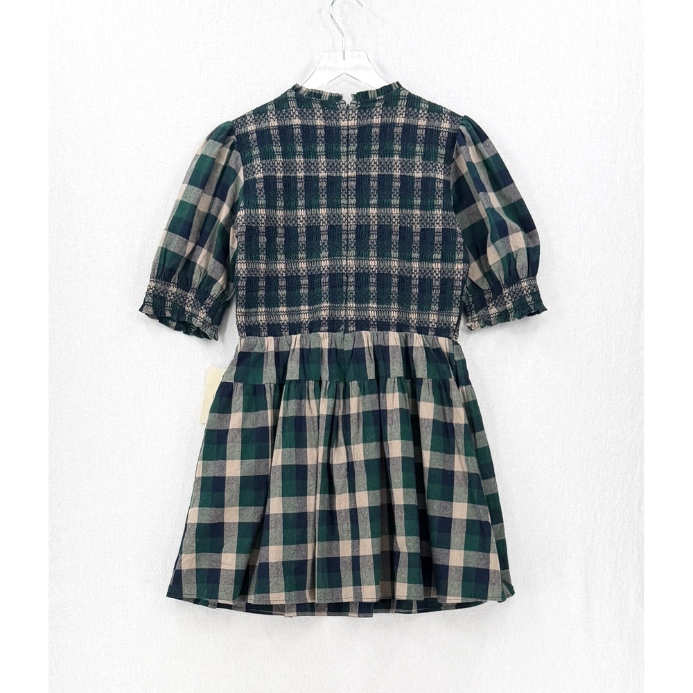 BOHME Emmett Plaid Mini Dress Women Medium Navy Green Smocked Puff Sleeve Tiered - Picture 5 of 16